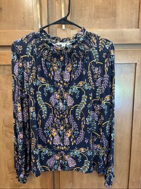 Boden Navy Floral Smocked Neck Blouse with Yellow & Lavender Accents